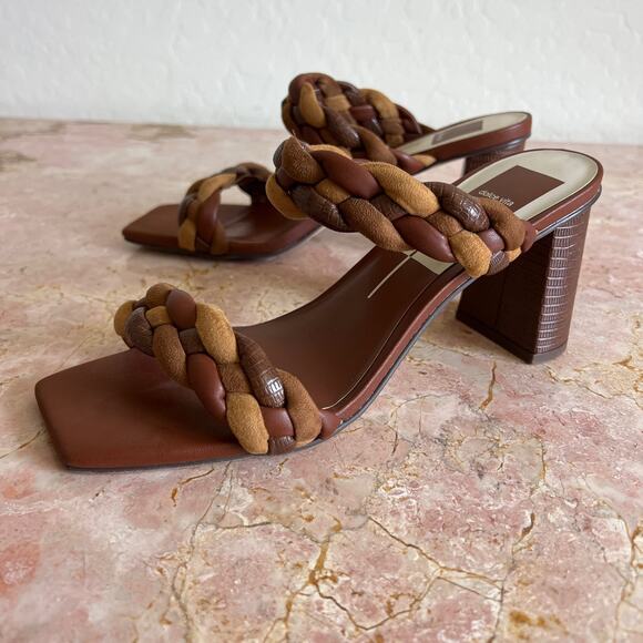 Dolce Vita Tan Brown Braided Leather Block Heeled Sandals Womens 9.5 Jewel Tones - Picture 1 of 10